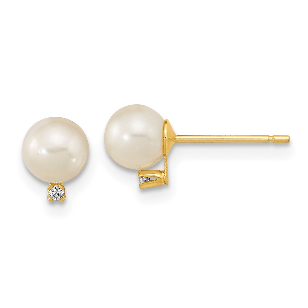 14k Yellow Gold 5-5.5mm White Cultured Pearl and Cubic Zirconia Stud Earrings