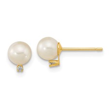 14k Yellow Gold 5-5.5mm White Cultured Pearl and Cubic Zirconia Stud Earrings