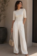 Spanx Suit Yourself Women's M Ivory Bodysuit One Piece Ribbed Crew Neck Summer