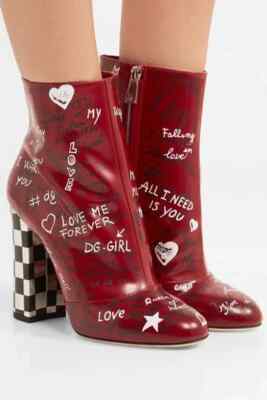 DOLCE & GABBANA Graffiti Printed Leather Ankle Boots In Red. Sz