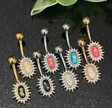 Crystal Paved Oval Sunburst Belly Ring Opal Glitter Center Naval Piercing Navel