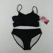 Kanu Surf Swimsuit Girls 16 Black Solid 2 Piece Wrap Around Bikini Swimwear 8588