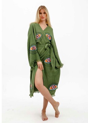 Handmade Green Evil Eye Festival Kimono - Beach Boho Robe - Dressing Gown |  eBay