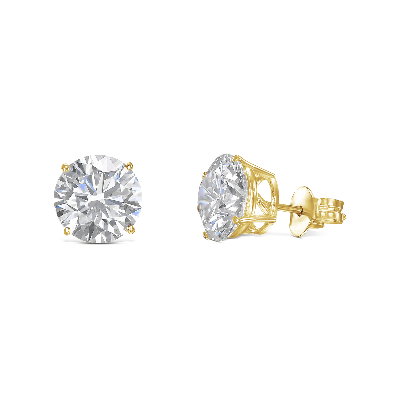 Gold-tone stud earrings with round cut CVD diamonds, VVS1 grade, set in prongs on white background.