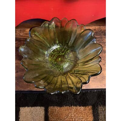 Vintage Indiana Glass Green Lilly Pons Sunflower Sparkle Shimmer Bowl EUC