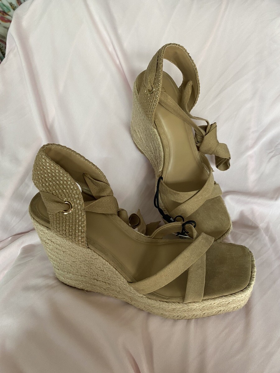 ZARA LACE-UP WEDGE SANDALS SANDY BROWN USA 9/40 NWNB
