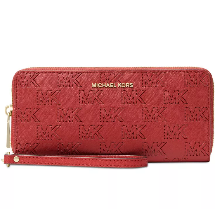 Michael Kors Red Leather Jet Set Zip Around Continental Wallet Michael Kors