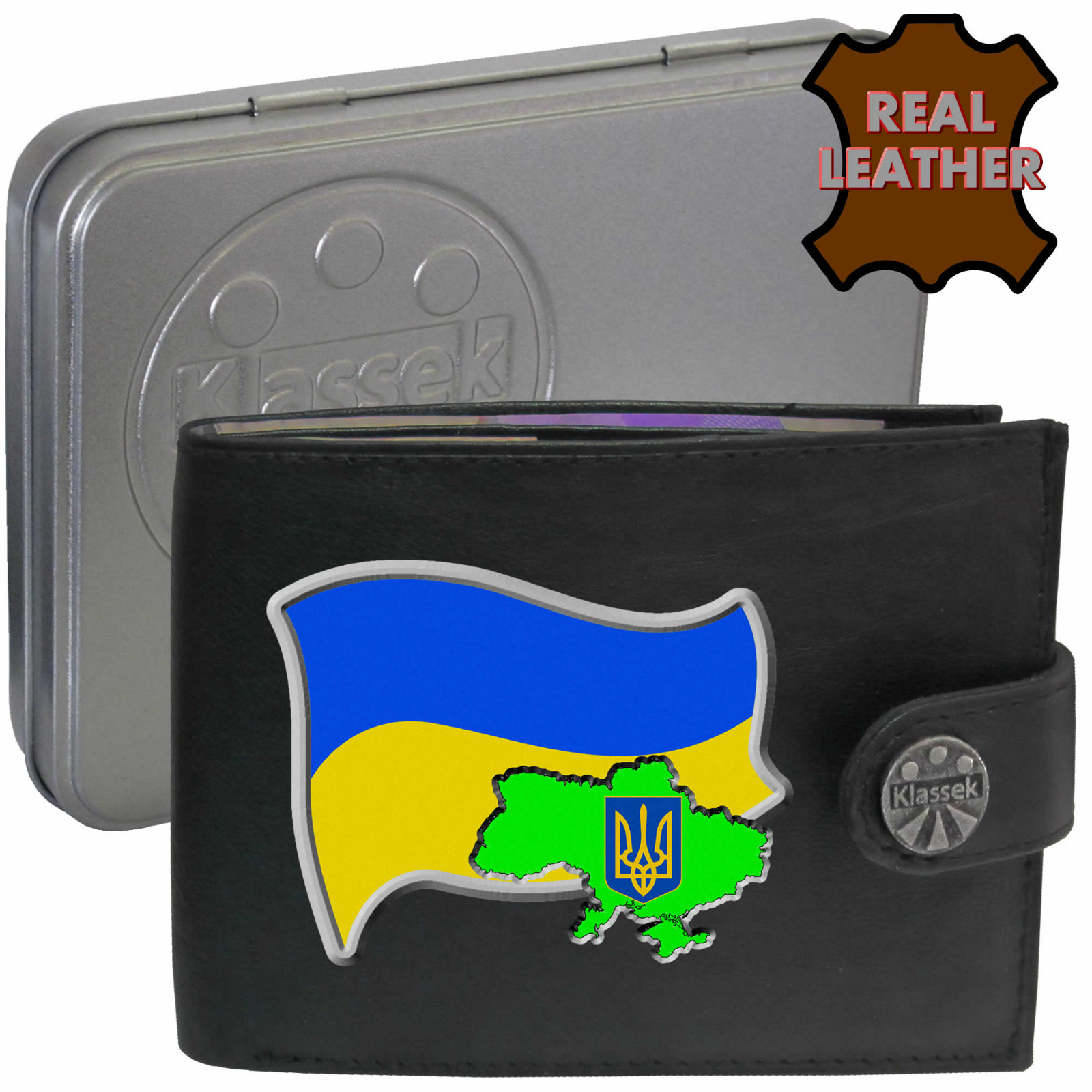 Ukraine Wallet Soft Real Leather Ukrainian Flag Map and Emblem Gift Tin RFID