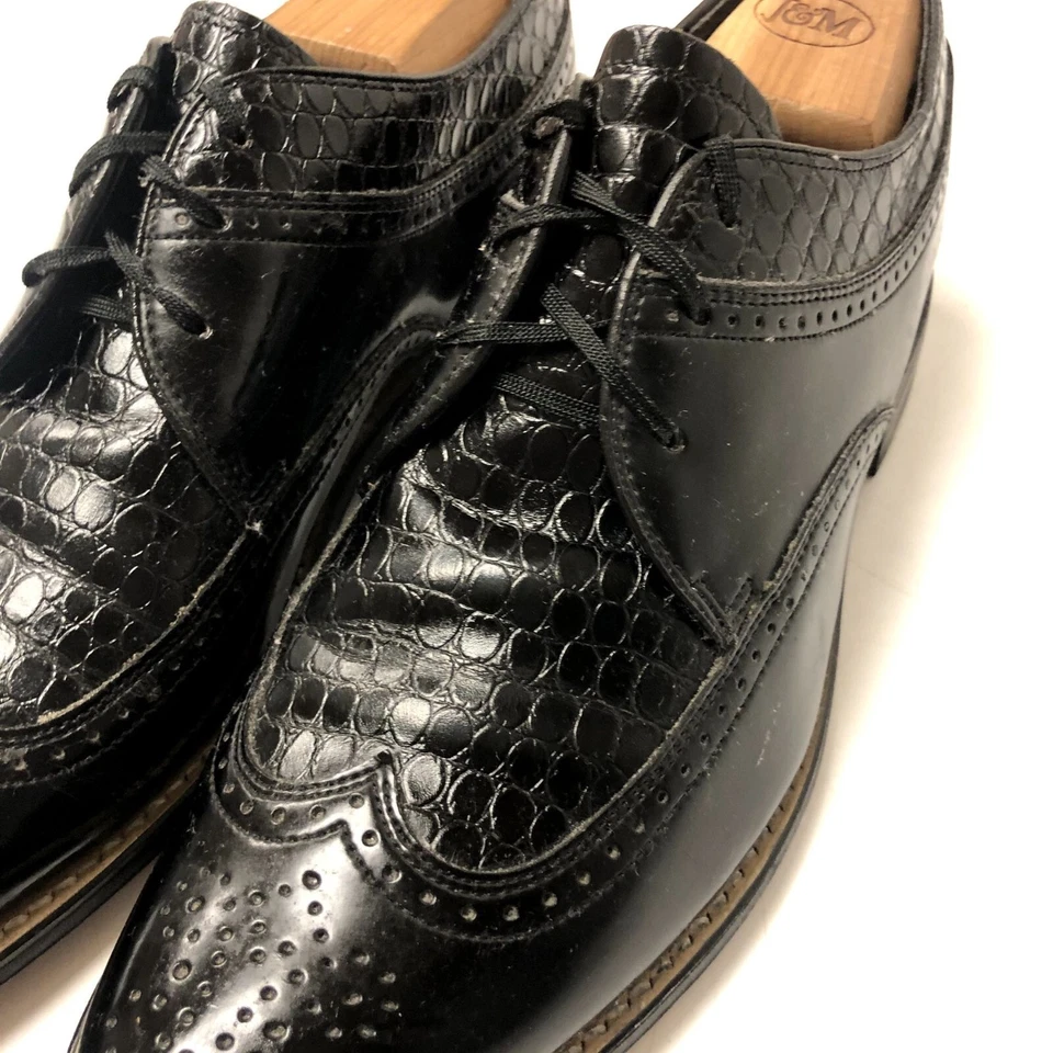 Vtg 60's Stacy Adams MoD Black PATENT Leather Snake Print WING TIP Shoe Oxford 8 - Image 3 of 4