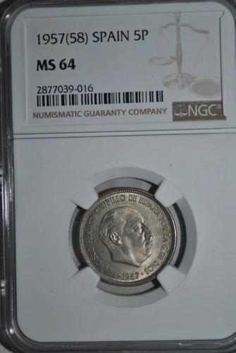 SPAIN 5 Pesetas 1957 / 58 NGC MS64
