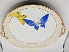 Hand Painted Nippon Green Mark Gold Gilded Butterfly Plate With Handles