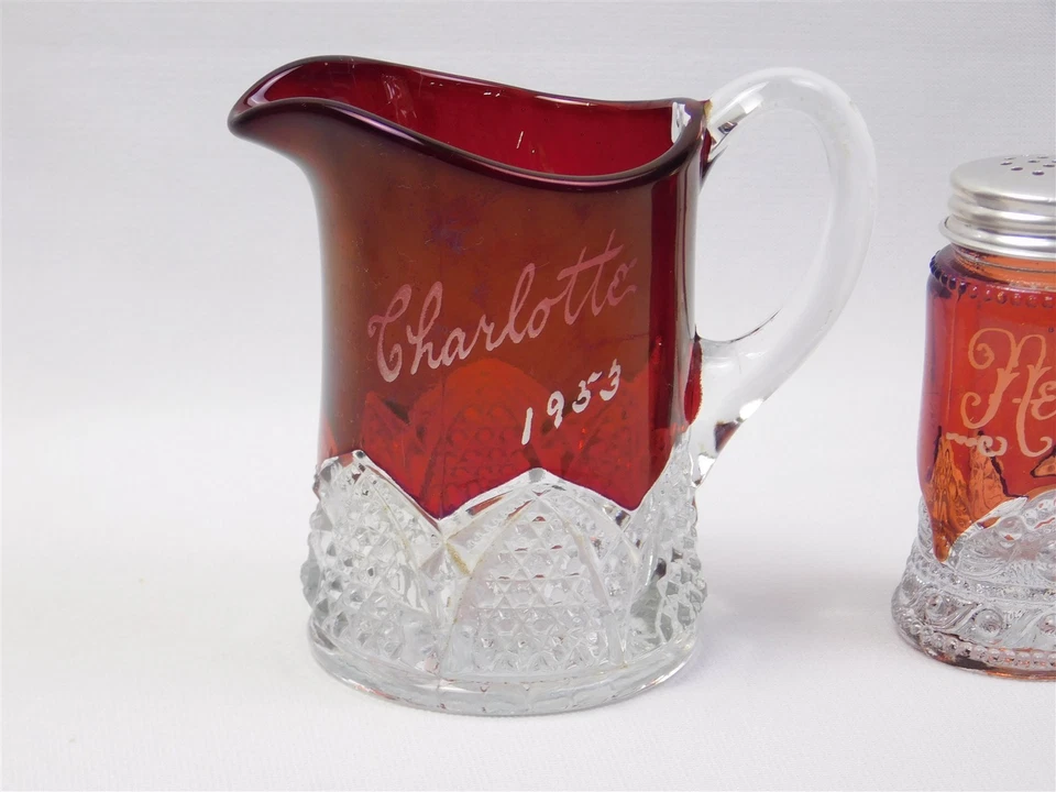 Antique Ruby Stained EAPG Glass Creamer Pitcher 1953 & Salt Shaker 1918 - Image 2 of 4