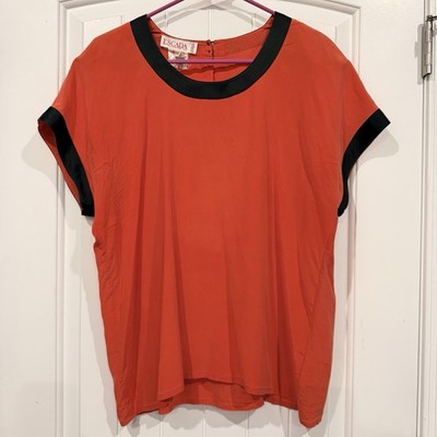 Escada Margaretha Ley Silk Blouse Red Orange Black Trim West Germany Womens 42