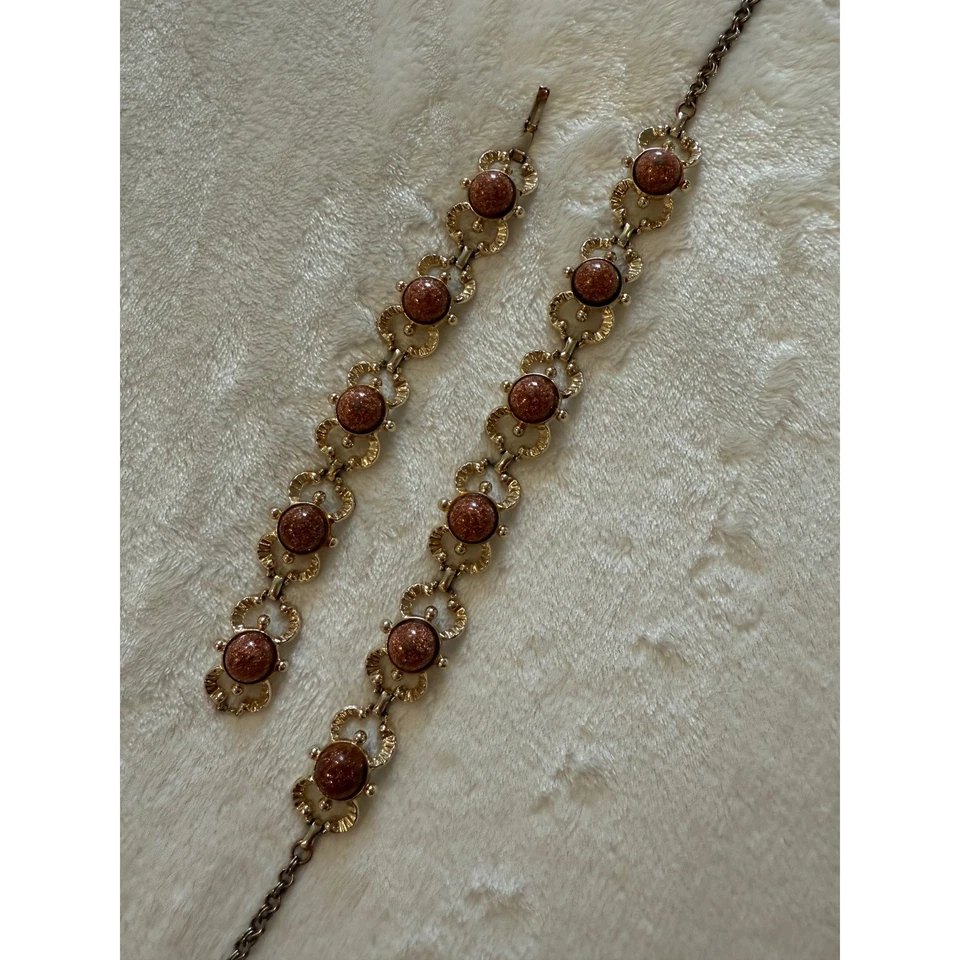 Conjunto de pulsera de eslabones florales de piedra brillante tono dorado vintage joyería distintiva Foto 2 de 4