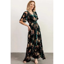 Baltic Born Lydia Teal Floral Velvet Maxi Dress Small Short Sleeve V-Neck