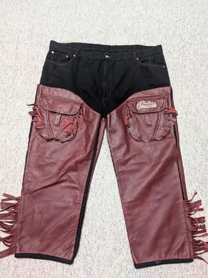 vintage LEVIS x INDIAN MOTORCYCLES leather jeans 50x30 black denim pants CUSTOM