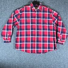 Eddie Bauer Mens XL Red Navy Plaid Long Sleeve Button Up Shirt 100 Cotton
