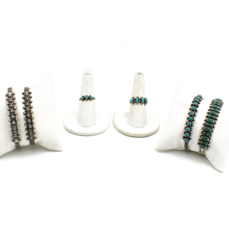 Fred Harvey Era Sterling Turquoise Snake Eye Cuffs & Rings Lot of 6 #S5621-5