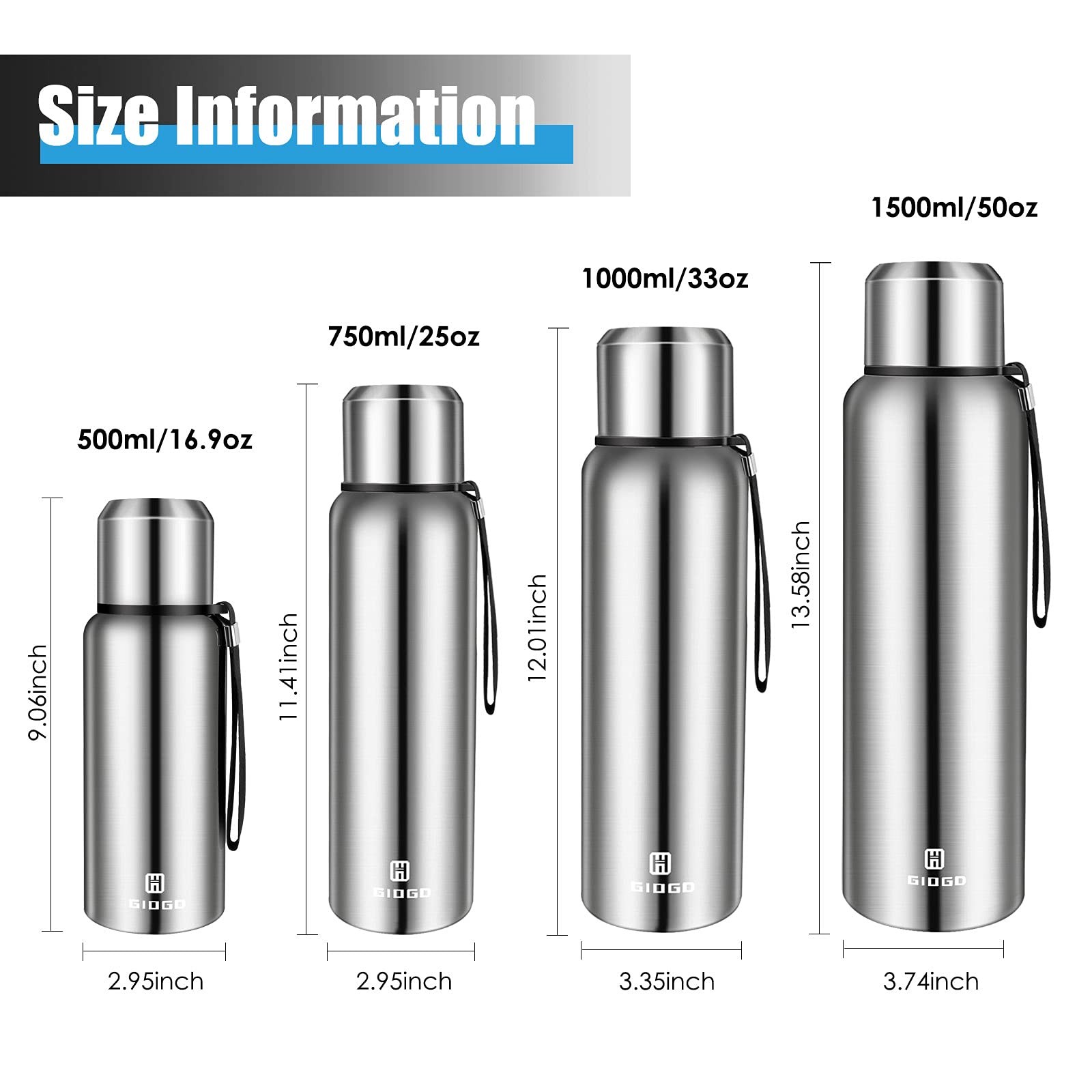 1L / 33.8oz Silver Insulated Thermo Bottle Stainless Steel Water Flask Cup