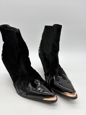 Cape Robbin Black Velvet Western Booties Metal Toe Cap Block Heel Women's Size 8
