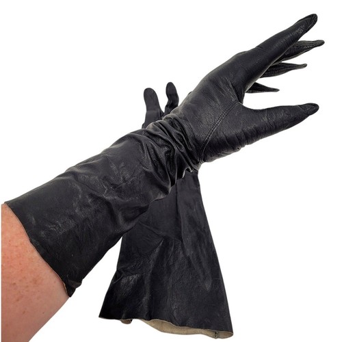 Vintage Black Leather Ladies Coat Length Dress Glove