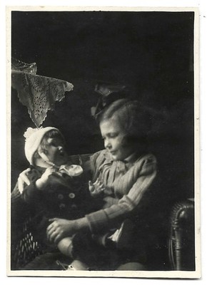 Vintage Old 1930s Photo of a Little Girl Holding Staring at her Large Doll CUTE!
