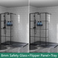 Image of Walk In Shower Enclosure Wet Room Screen and Flipper Panel Grid Black and Tray