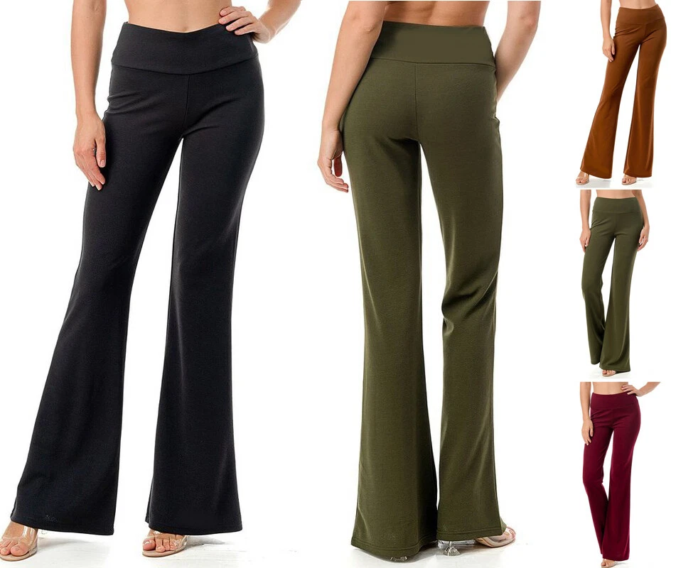 Women's Flared Leg Solid Knit Stretchy Pants Casual Yoga Waist Bell Bottoms