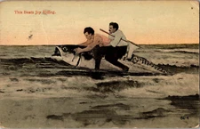 Postcard This Beats Joy Riding Men Riding Fish Exaggeration Postmarked 1915