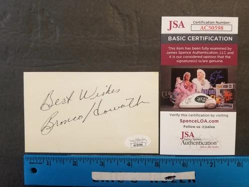 VINTAGE NHL HOCKEY HAND SIGNED BRONCO HORVATH 3X5 CARD W/JSA COA (DS) 71422