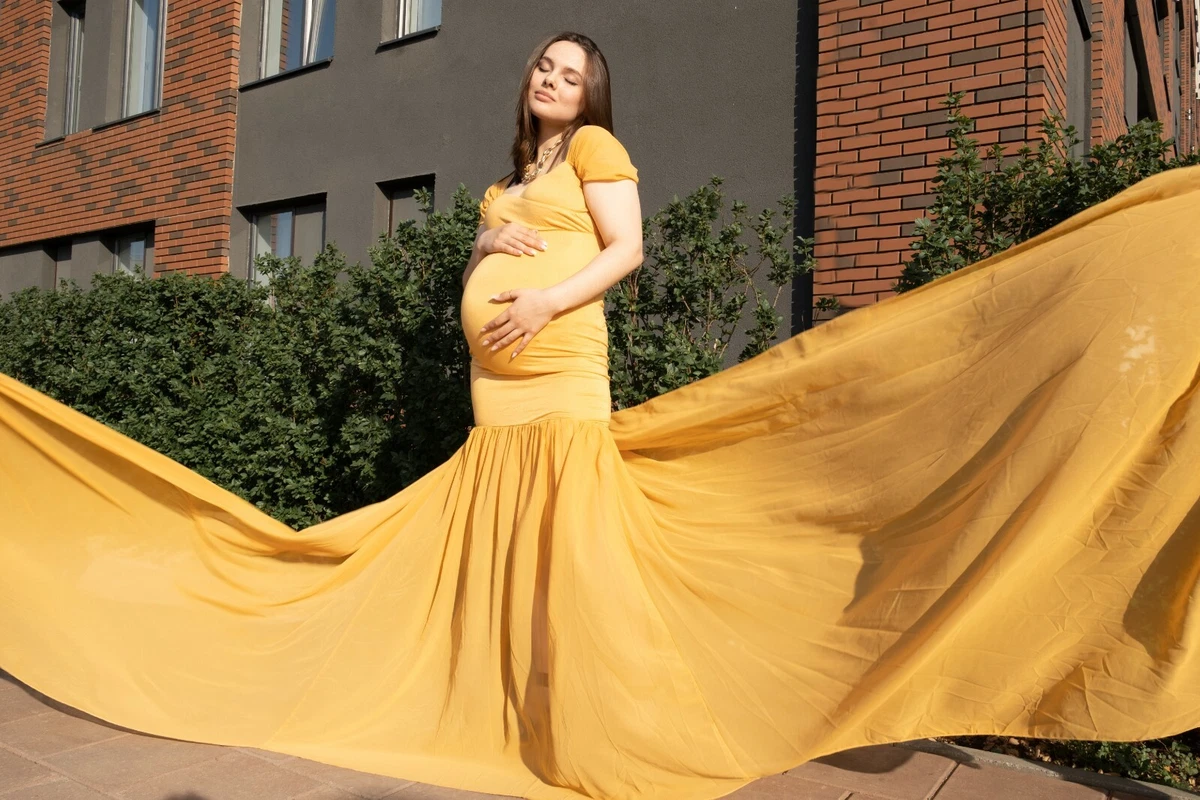 Gold Maternity Dress Photo Shoot Gown Photography Off Shoulder
