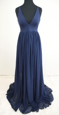 DRESS the POPULATION Navy Blue V-Neck Crepe Pleated Chiffon Maxi Gown S  4/6