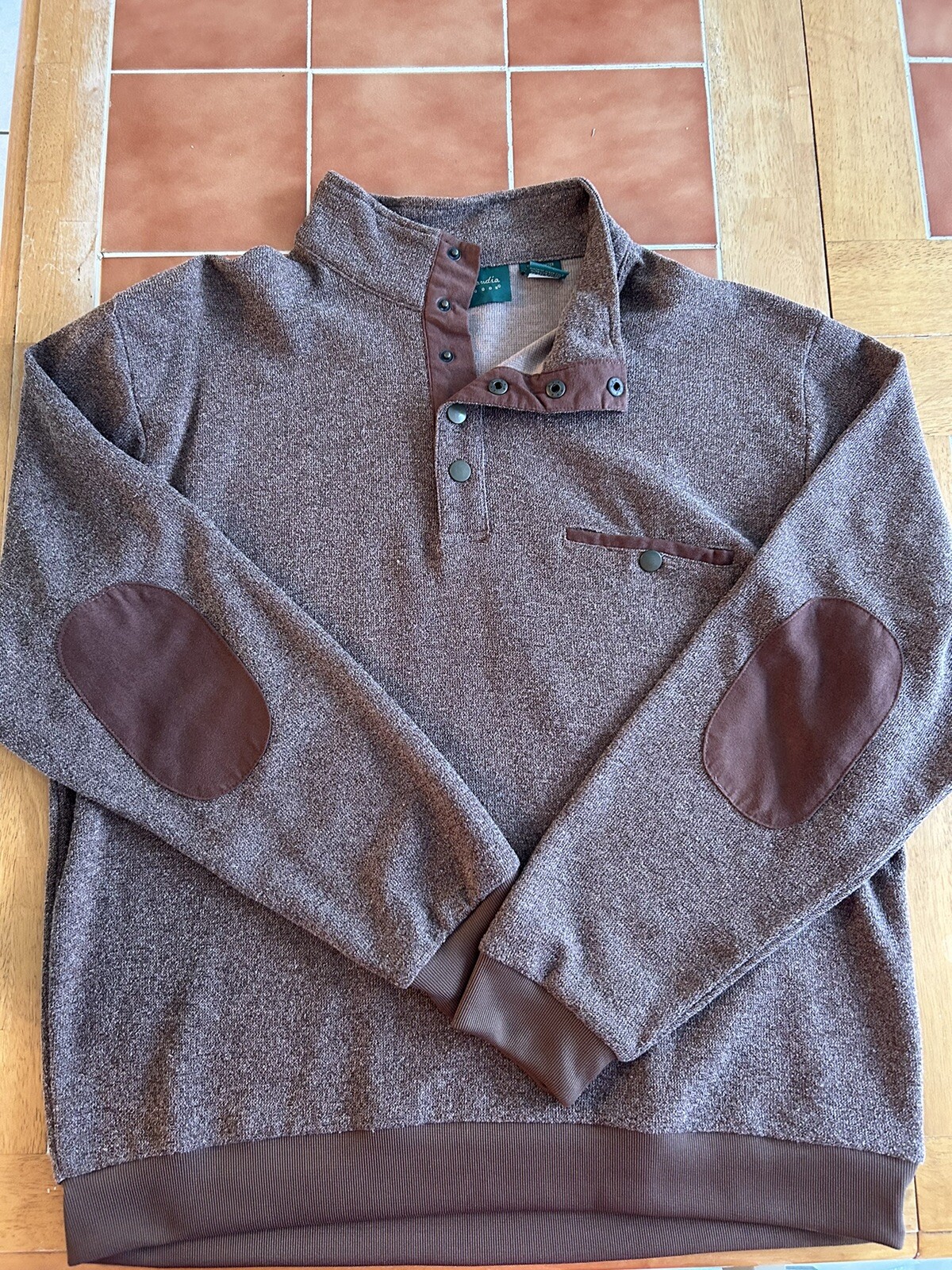 Vintage Scandia Woods Knit Pullover Brown Men’s LG Elbow Patch 1/4 Snap