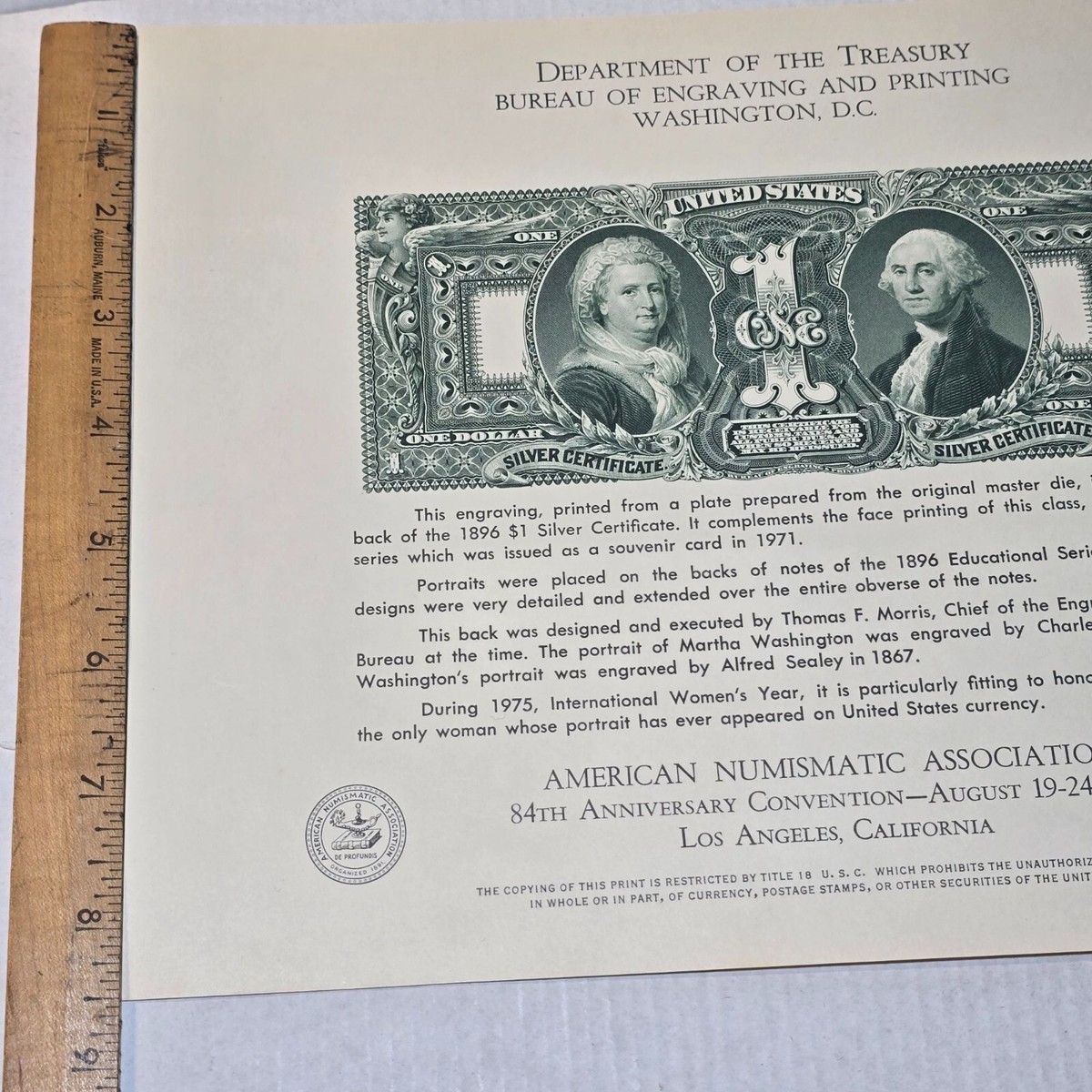 1975 American Numismatic Association BEP Engraving 1896 $1 Silver