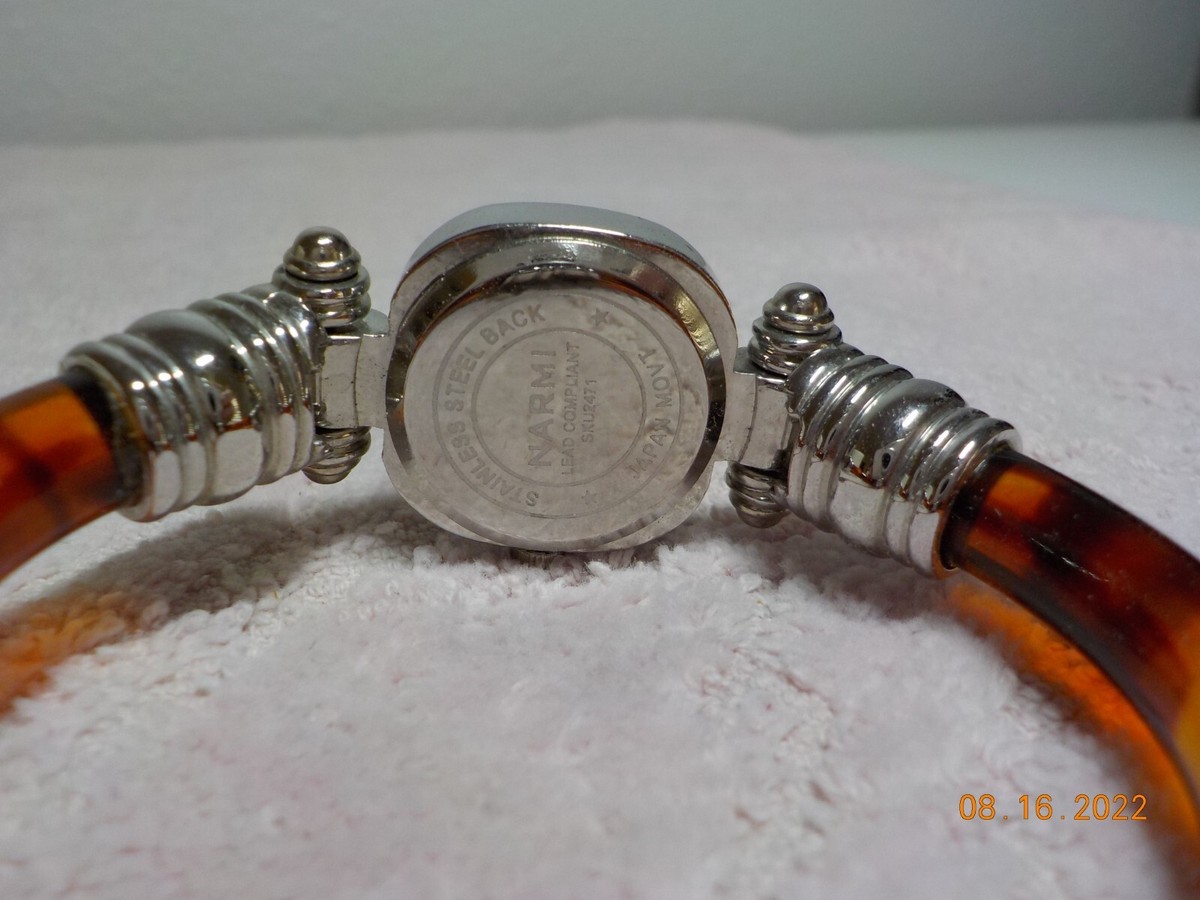 NARMI WATCH SILVER/TORTOISE SHELL HINGED CUFF CRYSTAL FRAMED  display picture 2