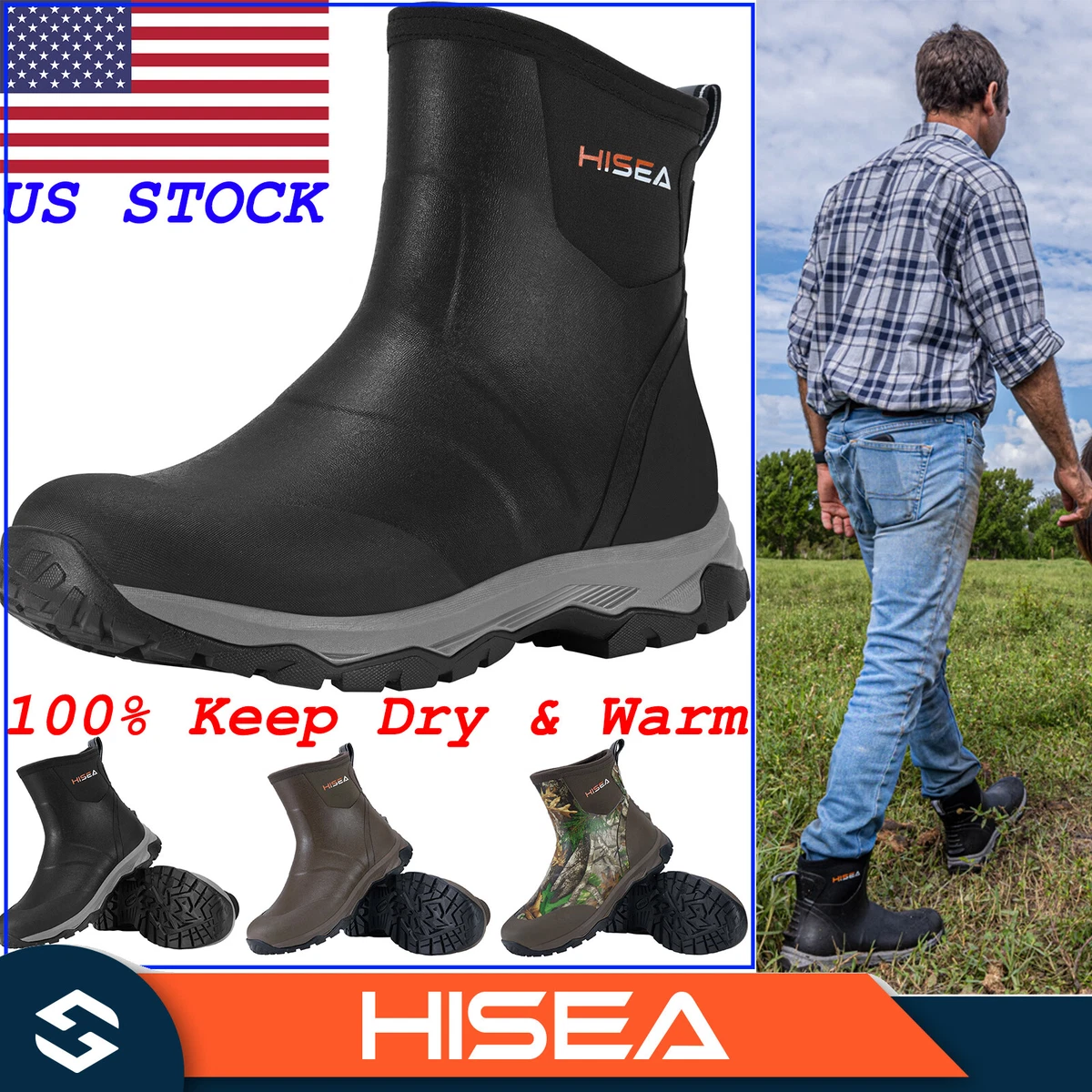 HISEA Men's Rain Boots Rubber Neoprene Ankle Chore Muck Working & Hunting  Boots