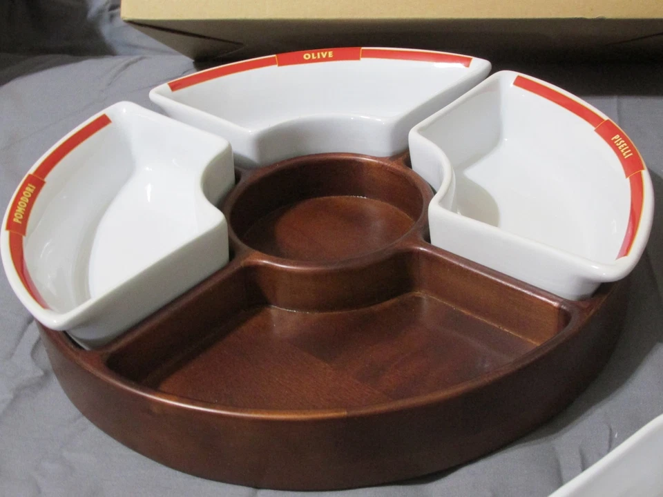 New Pottery Barn Pasta Rustica Condiment Carousel Lazy Susan Wood Porcelain Tray - Image 4 of 4