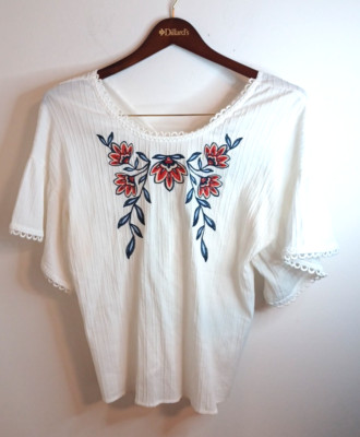 Moon River Floral Pointelle Top L White Pink Embroidered Boho Peasant Prairie 