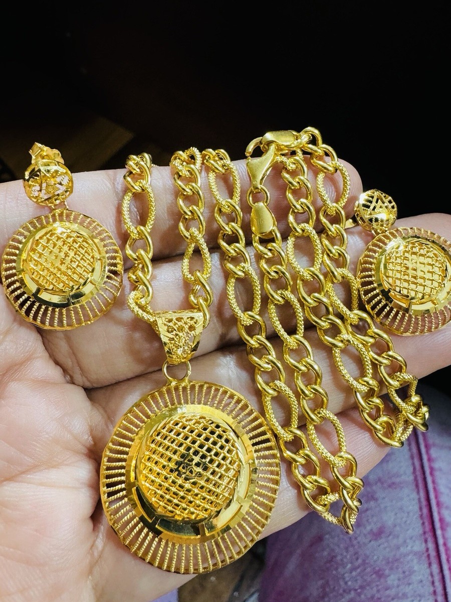 22C 22K 916 Real Dubai Gold Round Women Earring Set Necklace 18