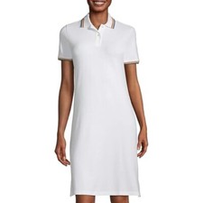 Lands' End Mesh Pique Polo Dress White With Rainbow Trim Size L