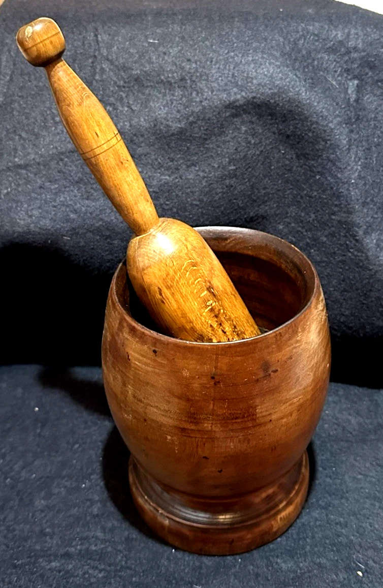 Primitive Antique Wood Mortar & Pestle Layered & Turned Wood Pestle Treenware