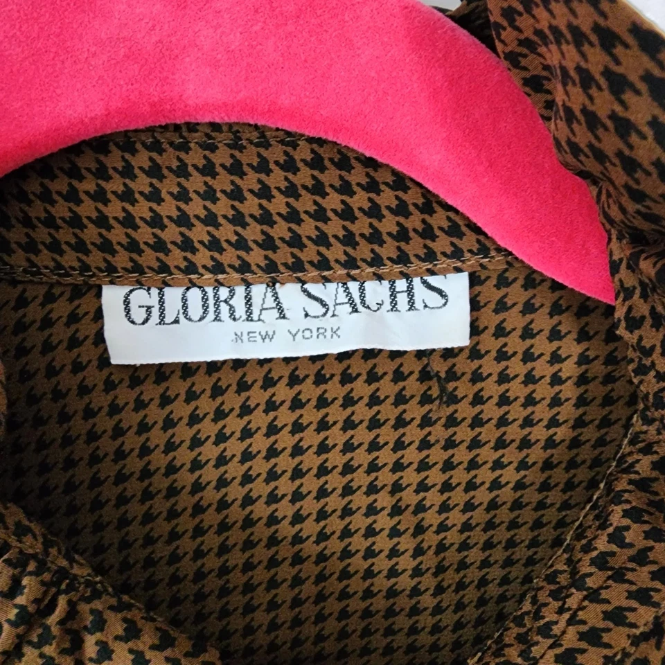 Blusa Vintage Anos 80 Gloria Sachs Babado Academia Botão Houndstooth Seda Marrom G - Imagem 4 de 4