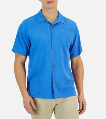 $118 Tommy Bahama Mens Al Fresco Tropics Silk Short-Sleeve Shirt, Palace Blue, L