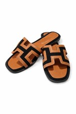 Wild Diva Black / Camel H-Cut Slide Sandals Women's Flat Casual Chic