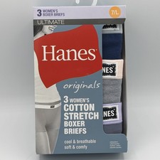 HANES 3 Pk Ultimate Stretch Cotton Boxer Brief Panty L/7 45VOBB NEW Blue, Gray