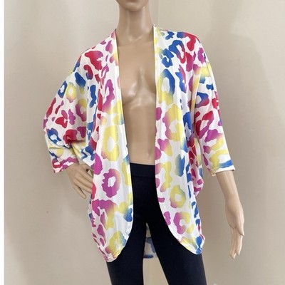 Jess Lea Rainbow Leopard Print Kimono Cardigan Small White Multi Batwing USA