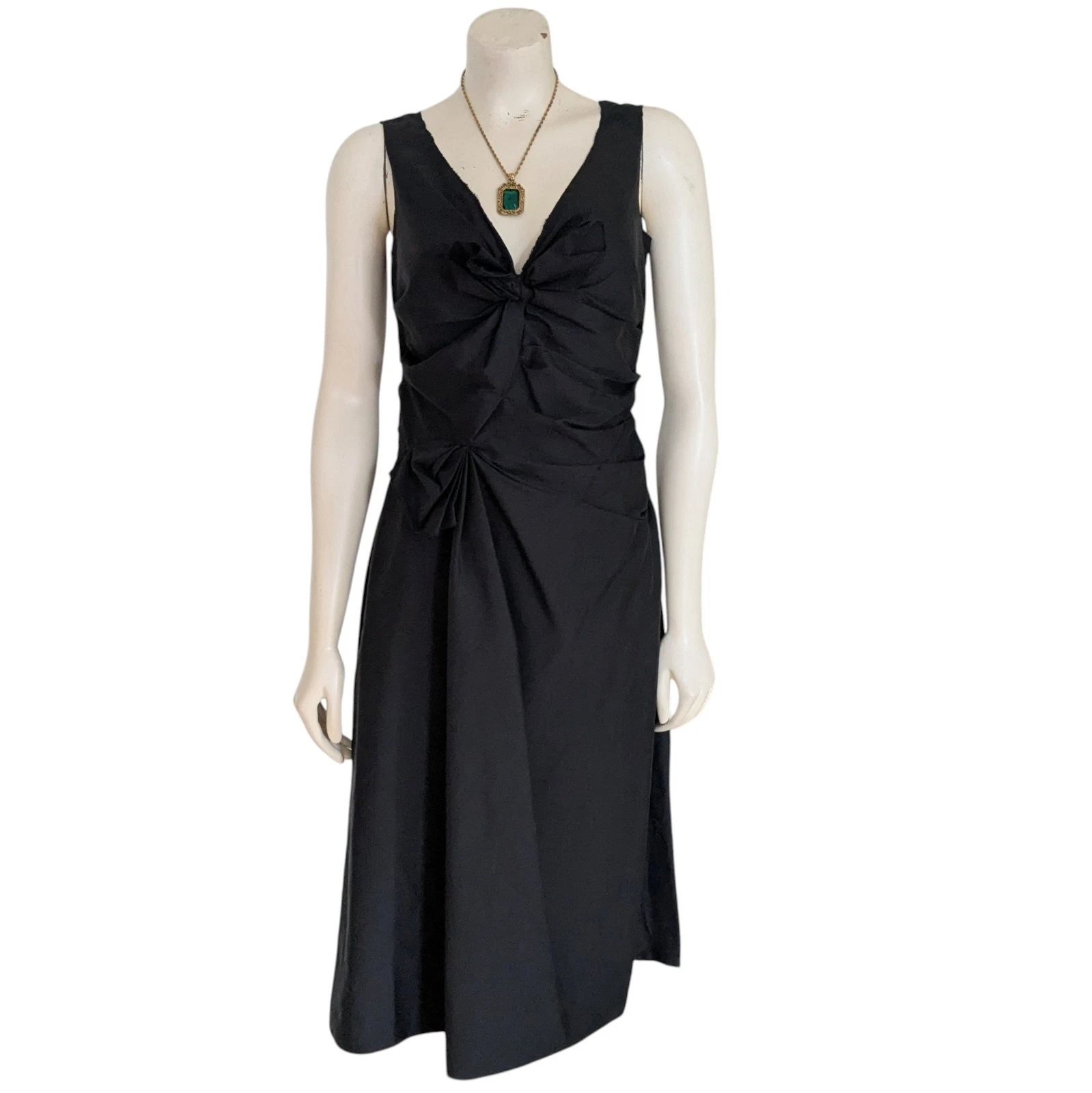 Abito donna Prada smanicato nero cotone midi taglia 46 10 ruching cocktail