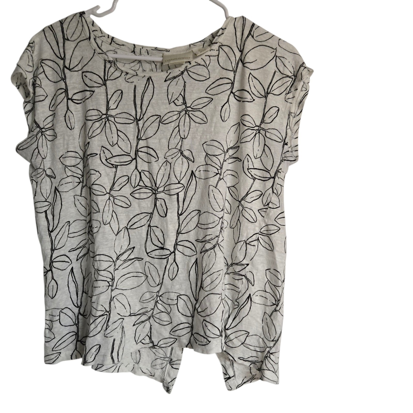 CYNTHIA ROWLEY Botanical Print Button Back 100% Linen Slub Knit T-Shirt Top sz L