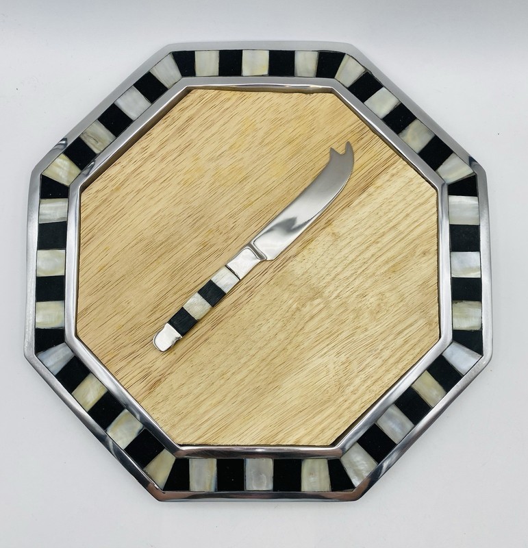 Towle Silversmiths Cheese Tray Vintage Octagon Mosaic Pearl Inlay Black Sealed