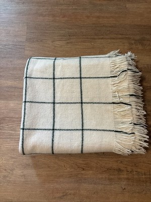 Vintage Amana Woolen Mills 100% Wool Throw Blanket Plaid Tartan Off White USA